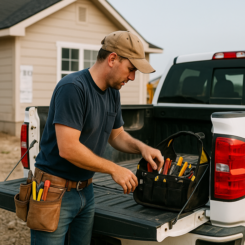 Electrician at worksite near F150 truck grabbing tools